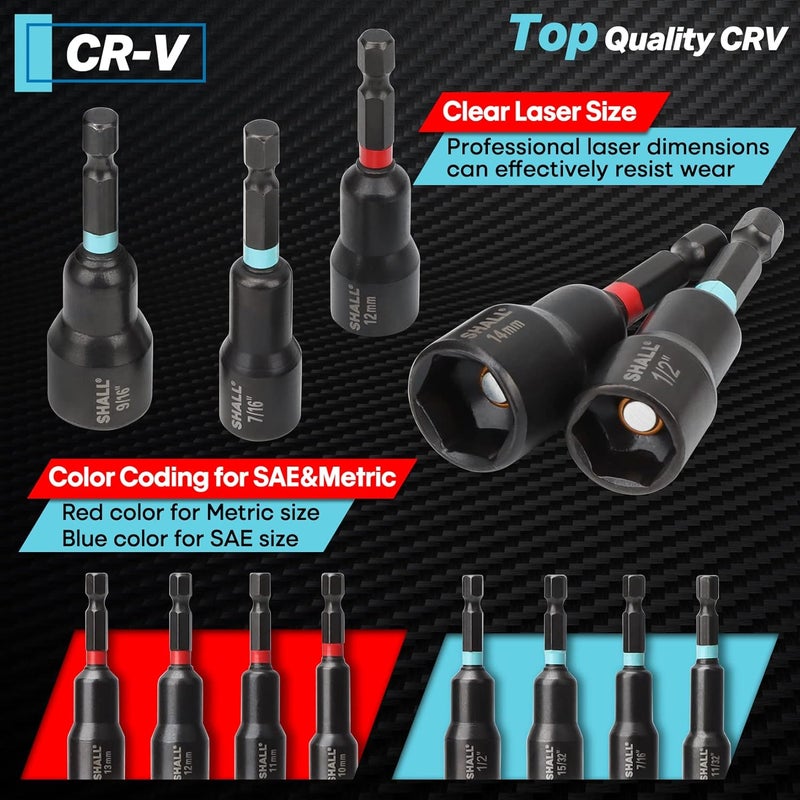 SHALL 29PCS Magnetic Nut Driver Set, Impact Drill Driver Bit 1/4" Hex Shank, SAE & Metric Cr-V Steel Power Nut Drivers with Quick-release Extensions, Impact Socket Adapters, Bit Holder and Storage Bag - Image 4